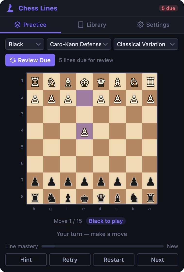 Chess Lines extension showing the Caro-Kann Classical position
